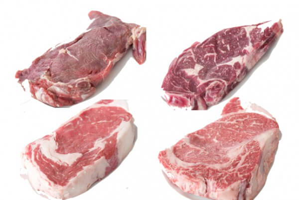 Clockwise from top left: 100% grass fed, 90-day grain finished, 180-day grain finished, standard torture meat from costco