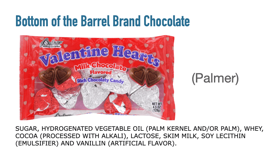 cheap palmer valentine chocolate with ingredients showing hydrogenated oils