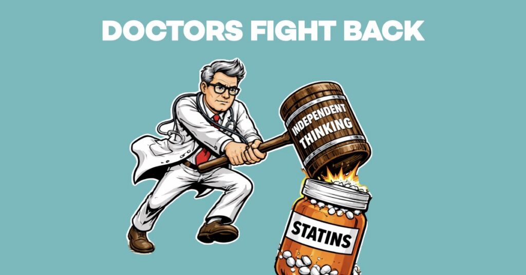 DOCTOR SMASHING A STATIN BOTTLE REPRESENTING CORPORATE CONSENSUS