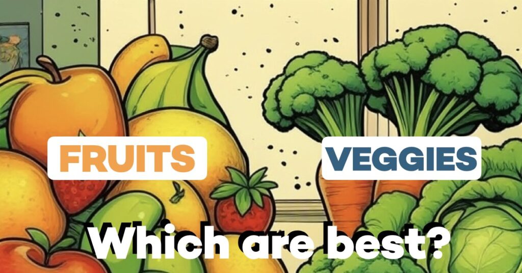 pop art style fruits and vegetables with caption which is better by AI